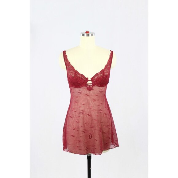 Vintage SILK & SATIN Maroon Red Mesh Lace Babydoll Negligee Slip Dress, Size S - Picture 1 of 13